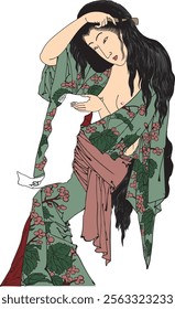 Yoshitoshi Tsukioka's "Omatsuro" depicts the glamor of Edo’s red-light district. Vivid costumes, detailed expressions, and lively backgrounds capture the elegance and complexity of the women’s lives. 