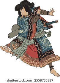 Yoshitsune Utagawa's "Suikoden of Great Japanese Heroes" depicts 108 brave warriors. Vivid colors, detailed costumes, and war scenes highlight their strength, pride, and loyalty. 