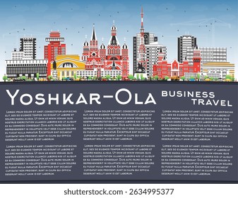 Yoshkar Ola Rusland skyline met kleur gebouwen, blauwe lucht en kopieerruimte. Vectorillustratie. Yoshkar Ola stadsgezicht met bezienswaardigheden. Reistoerisme concept met moderne en historische architectuur.