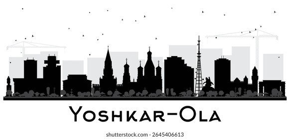 A silhueta do horizonte da cidade de Yoshkar Ola Rússia com edifícios pretos isolados em branco. Ilustração vetorial. Paisagem urbana de Yoshkar Ola com pontos de referência. Conceito de turismo com arquitetura moderna e histórica.