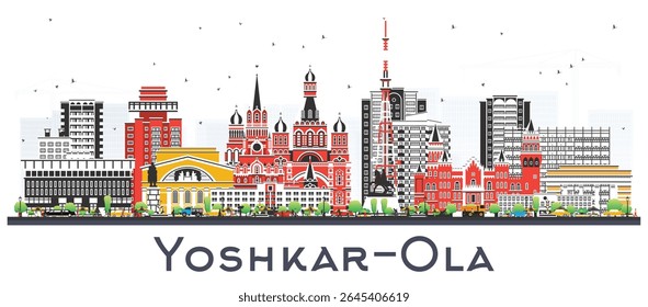 O horizonte da cidade de Yoshkar Ola Rússia com edifícios coloridos isolados em branco. Ilustração vetorial. Paisagem urbana de Yoshkar Ola com pontos de referência. Conceito de viagem e turismo com arquitetura moderna e histórica.