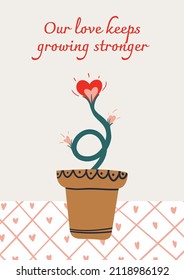 ¿Eres agrónomo del amor? Entonces esta tarjeta de saludo con una flor de amor en una olla es perfecta. Tarjeta con frase Nuestro amor se hace cada vez más fuerte