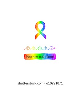 You Ane Not Alone. World Autism Awareness Day, April 2, 2017. Rainbow Color Of Ribbon Symbol Means Diversity Of Autism Spectrum. Vector Illustration, Isolated On White