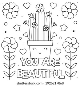 Eres hermosa. Cactus. Colorido de la página. Ilustración vectorial de las flores