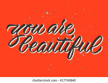 you are beautiful calligraphy, handwritten text, red background