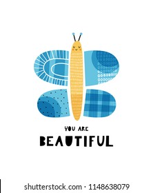 You are beautiful. Card template with butterfly. Hand drawn graphic for typography poster, card, label, brochure, flyer, page, banner, baby wear, nursery. Vector illustration in blue and yellow. 