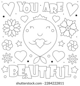 You are beautiful. Coloring page. Vector illustration of a fish with a heart