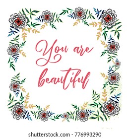 you are beautiful design, cute doodle floral elements, feminine style, banner