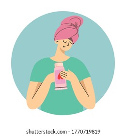 You are beautiful illustration of body care products for make up near the girl . Vector modern illustration in modern flat style.