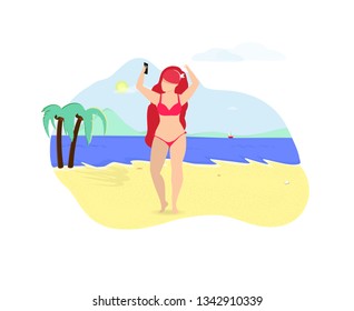 You Are Beautiful. Young Happy Woman Make Selfie Standing on Summer Beach Seaside. Positive Thinking, Emotional Balance, Open Mind Psychological Practice Course. Cartoon Flat Vector Illustration, Icon