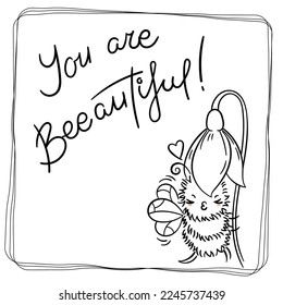 You are Beeautiful. Cute Honey Bee, hand drawn lettering, lovely flying insect character, kawaii cartoon vector illustration