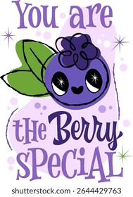 You Are The Berry Special. Playful blueberry character with large eyes and a leaf, illustrated in a 50s retro style. Hand drawn lettering pun in a purples, greens, and soft pastels.