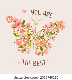 You are the best concept. Poster with beautiful butterfly made of flowers, inscription and birds. Cute design for postcards. Cartoon watercolor flat vector illustration isolated on beige background