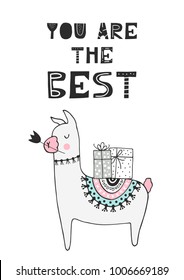 You are the best - hand drawn nursery birthday poster with little llama and cut out lettering in scandinavian style. Monochrome kids vector illustration.