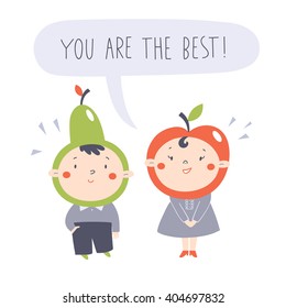You are the best! Vector card. Pear boy and apple girl