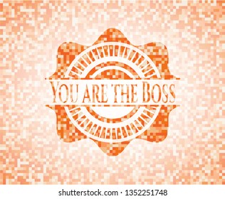 You are the Boss orange tile background illustration. Square geometric mosaic seamless pattern with emblem inside.