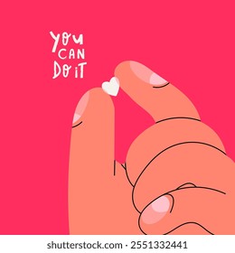 You can do it. Giant hand holding tiny little Heart. Motivation, romance, support, assistance, saving life, love, responsibility concept. Hand drawn Vector illustration. Design, print template