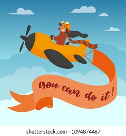 You can do it lettering. Motivational and inspirational advertisment poster. Cute boy pilot in googles and scarf flies on a yellow propeller plane in the sky. Air airplane adventure. Cartoon vector