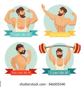 You can do it motivational and inspirational poster set. Gym, bodybuilding, concept image, beard.Inspirational vector poster. Gym inspirational art. Isolated on white background. Motivational poster