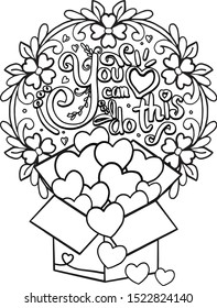 You can do this font with box of hearts and flowers element for Valentine's day or Greeting Cards. Hand drawn with inspiration word. Coloring for adult and kids. Vector Illustration.