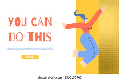 You Can Do This Motivation Landing Page. Happy Dancing Flying in Dreams Jumping Admired Girl. Believe in Yourself, Female Power, Body Work Concept. Inspirational Flat Style Vector Illustration Banner
