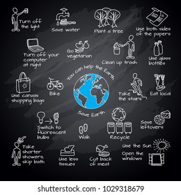 You can help the Earth. Save Planet. Ecology infographics. Hand drawn  Vector illustration. Doodle ecology symbols for Earth Day. Environmental template with linear icons. 
