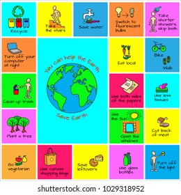 You can help the Earth. Save Planet. Ecology infographics. Hand drawn  Vector illustration. Doodle ecology symbols for Earth Day. Environmental template with flat icons. 