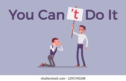 You can not do it poster. Man correcting positive grammatical construction into negative statement to suppress enthusiasm, confidence, boss showing disbelief and express mistrust. Vector illustration