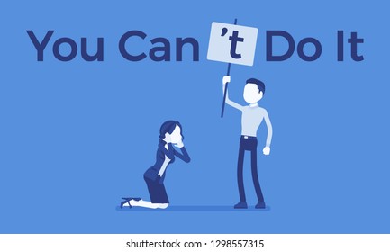 You can not do it poster. Man correcting positive grammatical construction into negative statement to suppress enthusiasm, boss in disbelief mistrust to woman. Vector illustration, faceless characters
