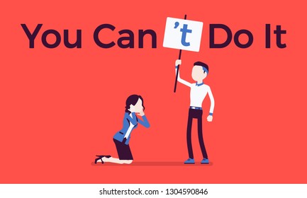 You can not do it poster. Man correcting positive grammatical construction into negative statement to suppress enthusiasm, boss in disbelief mistrust to woman. Vector illustration, faceless characters