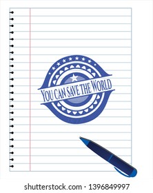 You can save the World emblem draw with pen effect. Blue ink. Vector Illustration. Detailed.