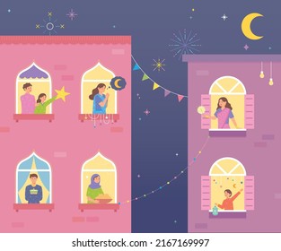 You can see the neighbors of the two apartments enjoying the festival through the window. flat design style vector illustration.