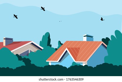 you can see the roof of the house after the top of the tree, birds are flying above the house and the sky is clear,cartoon.