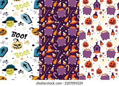 puede usar 3 diferentes patrones de halloween vectoriales sin fisuras para diseñar banners, carteles, fondos, imprimir POD...etc.