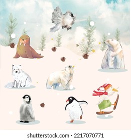 you can use Abstract watercolor winter animals clipart, penguin, bear, wolf, owl, water seal...etc.