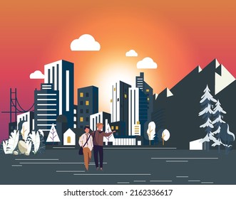 you can use Cartoon men walk and city urban background  to design banners, posters, backgrounds,..etc.