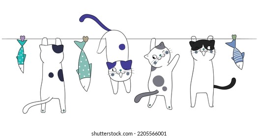 Sie können Katzen benutzen, die an einem Seil hängen. Fisch an einer Schnur. Cute Animal Cats Cartoon Set zum Design von Bannern, Plakaten, Hintergründen, Print POD...usw.