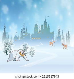 you can use christmas winter landscape with fairy tale castle and animal to design banners, posters, backgrounds, print POD...etc.