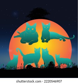 you can use Collection cat silhouette with full moon to design banners, posters, backgrounds, print POD...etc.