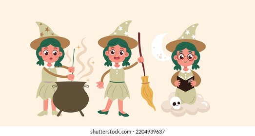 you can use Collection of halloween witch in different poses to design banners, posters, backgrounds, print POD...etc.