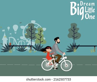 you can use father biking a bicycle with his daughter riding on a road to design banners, posters, backgrounds,..etc.