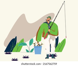 you can use Fisherman standing in bucket full of fish to design banners, posters, backgrounds,..etc.