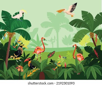 you can use flat jungle composition birds fly dense jungle pink flamingos large parrots to design banners, posters, backgrounds, ...etc.