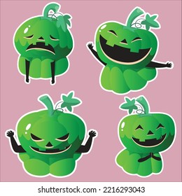 you can use Green pumpkin faces with different emotions halloween festival to design banners, posters, backgrounds, print POD...etc.