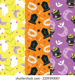 puede utilizar la colección de patrones planos de halloween dibujados a mano para diseñar pancartas, carteles, fondos, imprimir POD...etc.