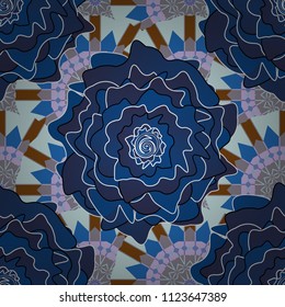 You can use it for invitations, postcards, cards, wallpapers and so on. Beautiful vector seamless flower pattern in stained-glass window style (blue, violet and white colors).