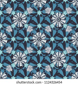 You can use it for invitations, postcards, cards, wallpapers and so on. Beautiful vector seamless flower pattern in stained-glass window style (blue, gray and black colors).