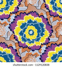 You can use it for invitations, postcards, cards, wallpapers and so on. Beautiful vector seamless flower pattern in stained-glass window style (blue, yellow and purple colors).