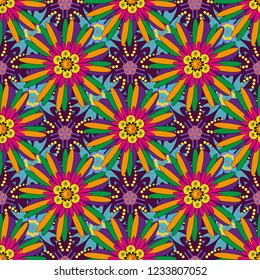 You can use it for invitations, postcards, cards, wallpapers and so on. Beautiful vector seamless flower pattern in stained-glass window style (purple, yellow and green colors).