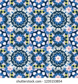 You can use it for invitations, postcards, cards, wallpapers and so on. Beautiful vector seamless flower pattern in stained-glass window style (blue, pink and gray colors).